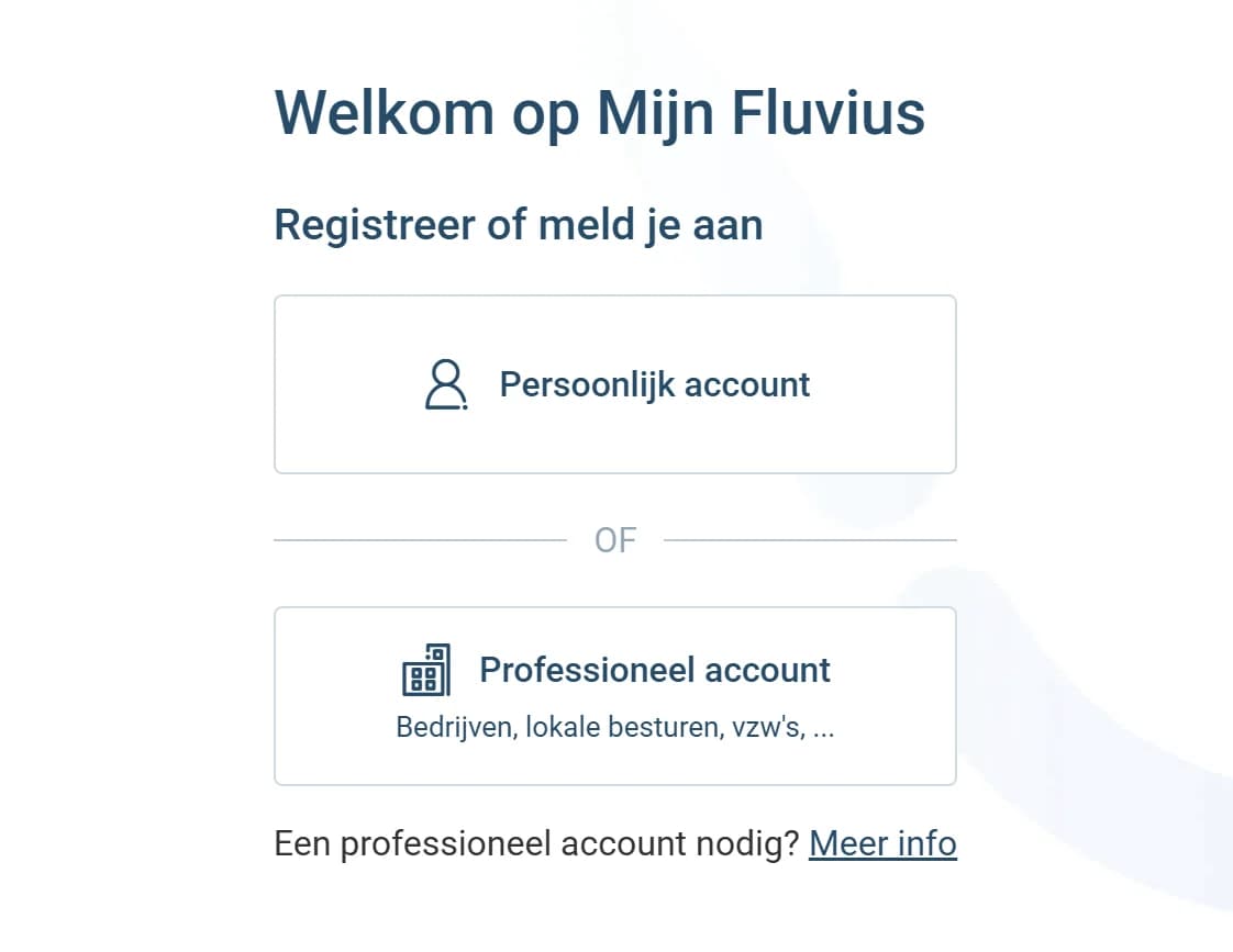 Aanmeldscherm van Mijn Fluvius met de keuze tussen Persoonlijk account en Professioneel account