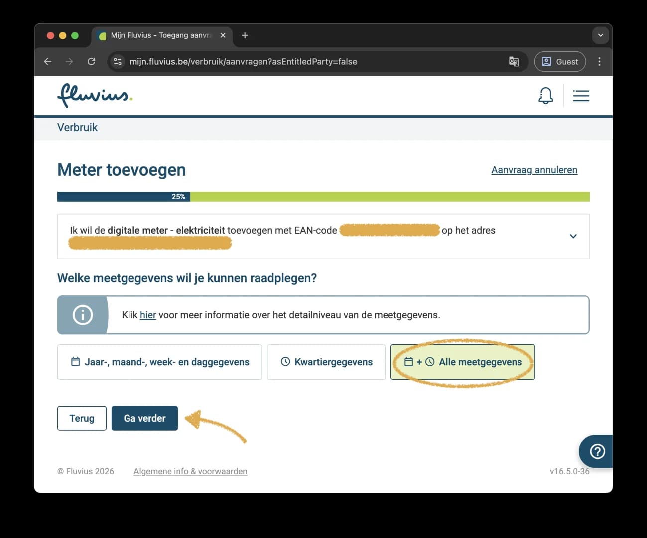 Keuze Alle meetgegevens bij Meter toevoegen