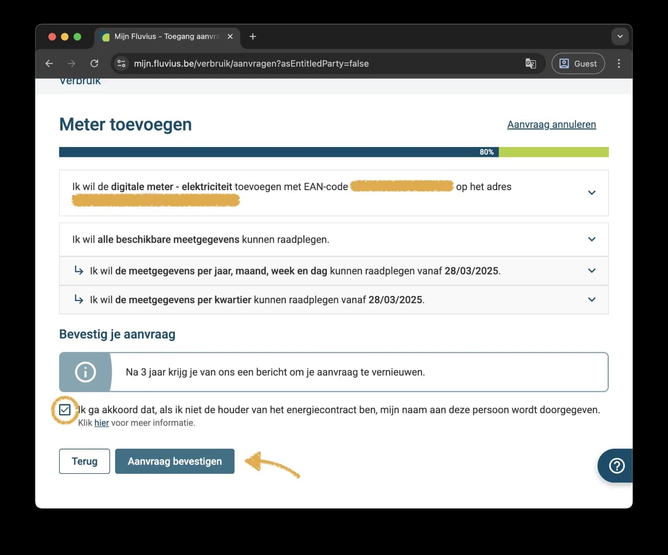 Het akkoord aanvinken en de aanvraag bevestigen