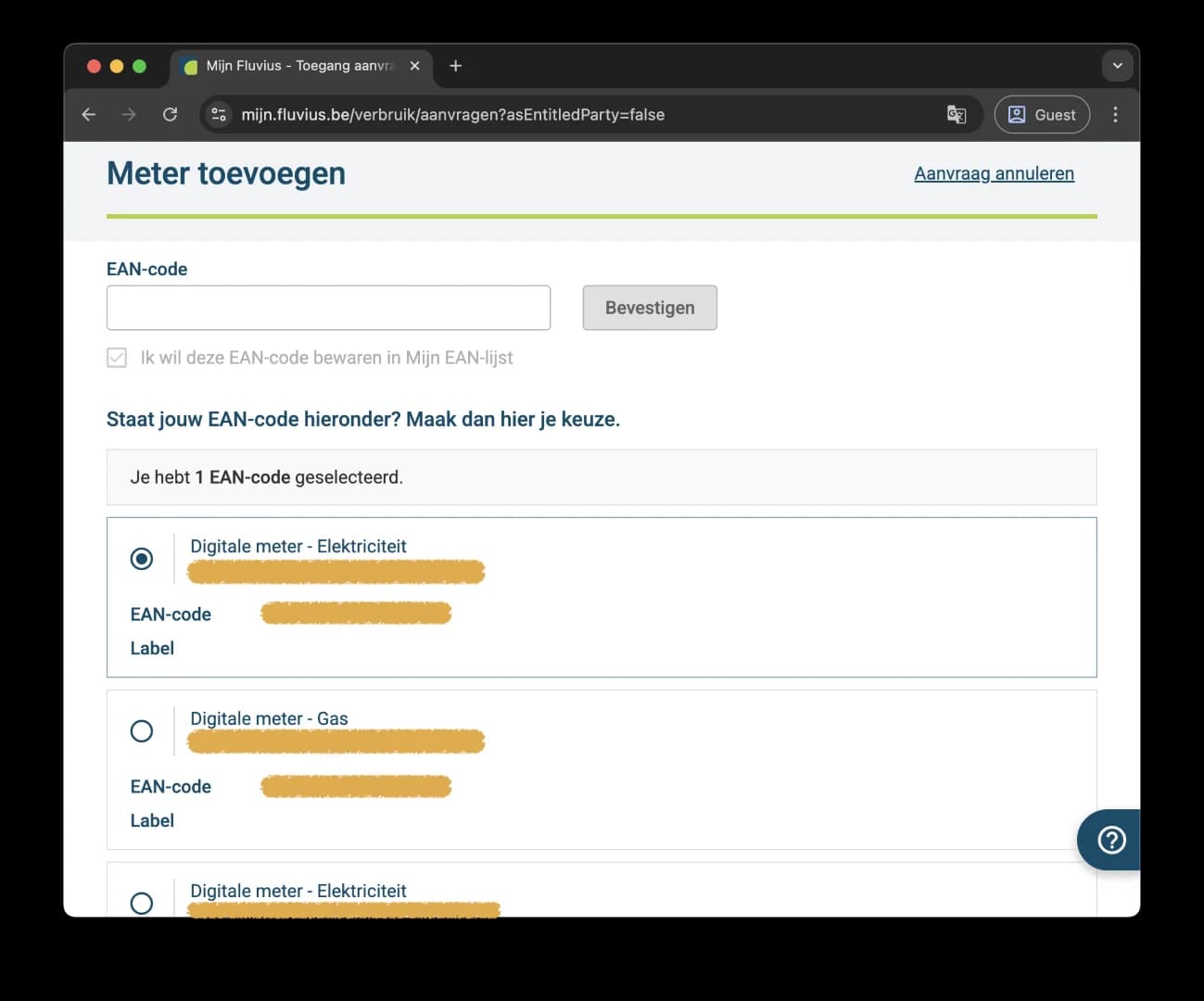 Keuze van de digitale elektriciteitsmeter bij Meter toevoegen