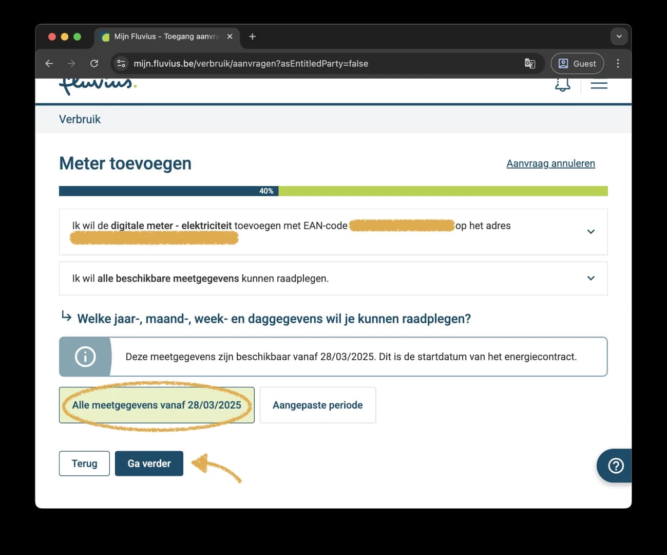 Keuze Alle meetgegevens vanaf de startdatum voor de dag-, week-, maand- en jaargegevens