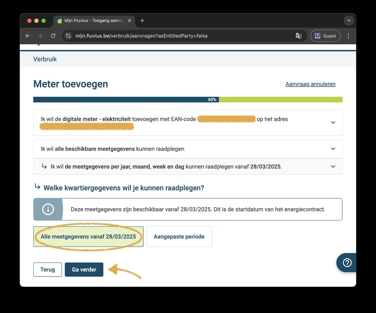 Keuze Alle meetgegevens vanaf de startdatum voor de kwartiergegevens