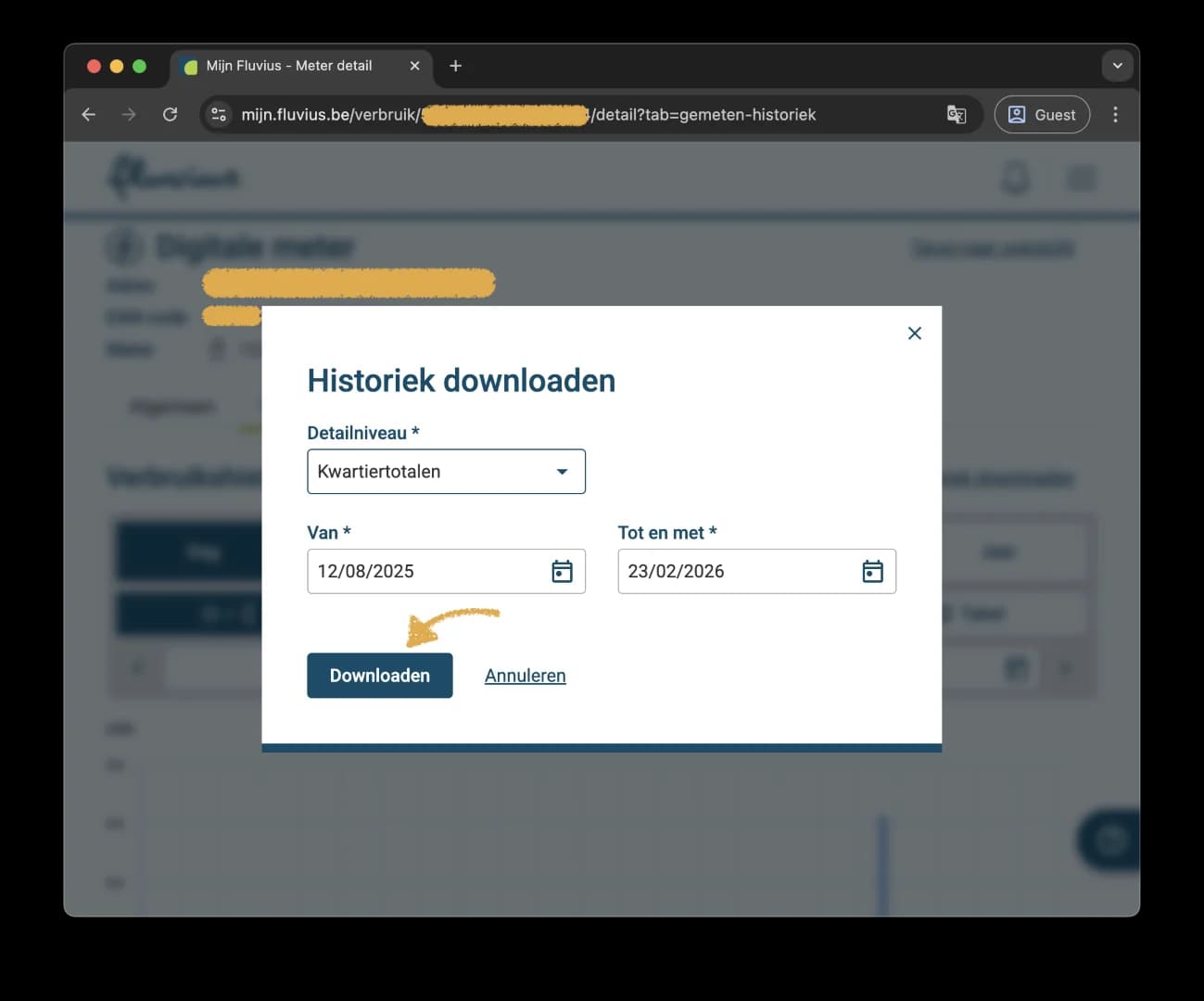 Het venster Historiek downloaden met Kwartiertotalen, de periode en de knop Downloaden