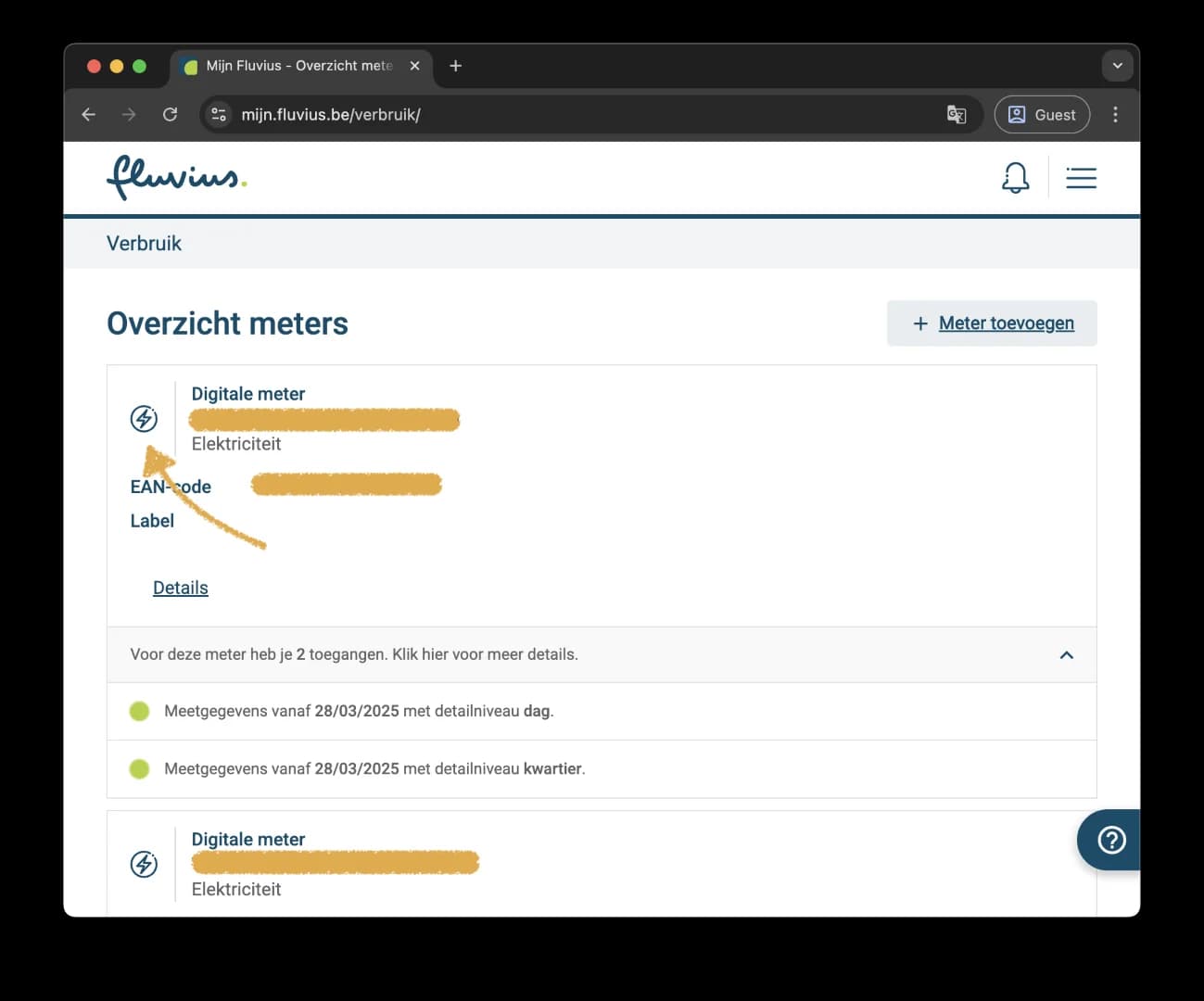 Uw elektriciteitsmeter aanklikken in het Overzicht meters